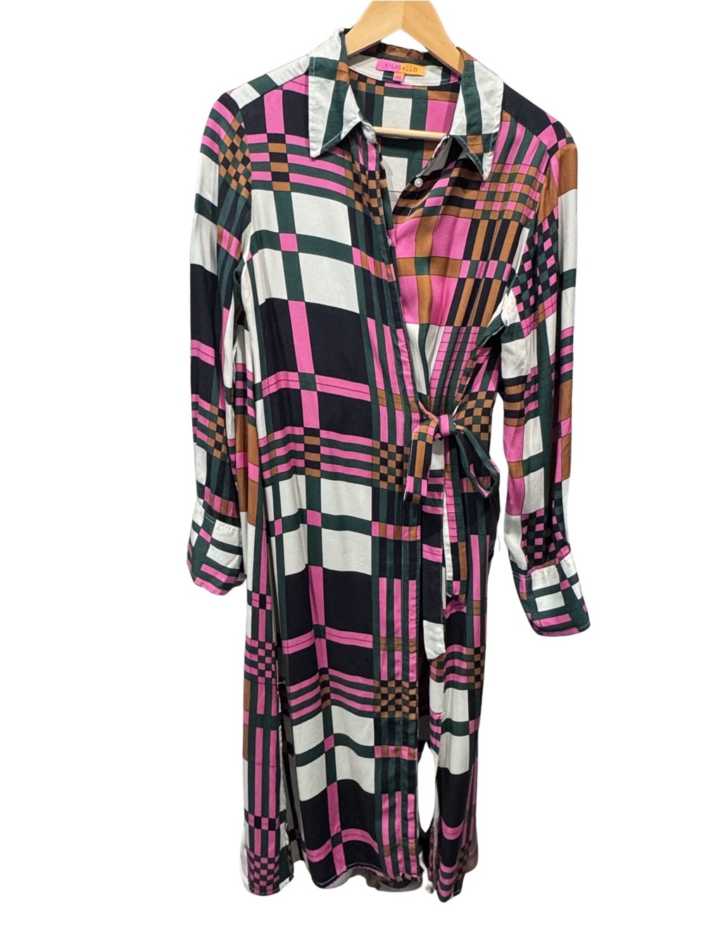 Vilagallo Esther Dress EU 42 Plaid Wrap Shirt Dress Pink Green Side Slit - Picture 2 of 6